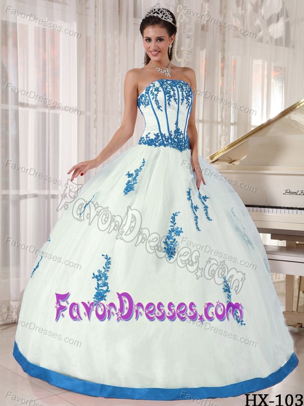 Satin and Organza Strapless Appliqued Sweet 16 Dress for Cheap in White