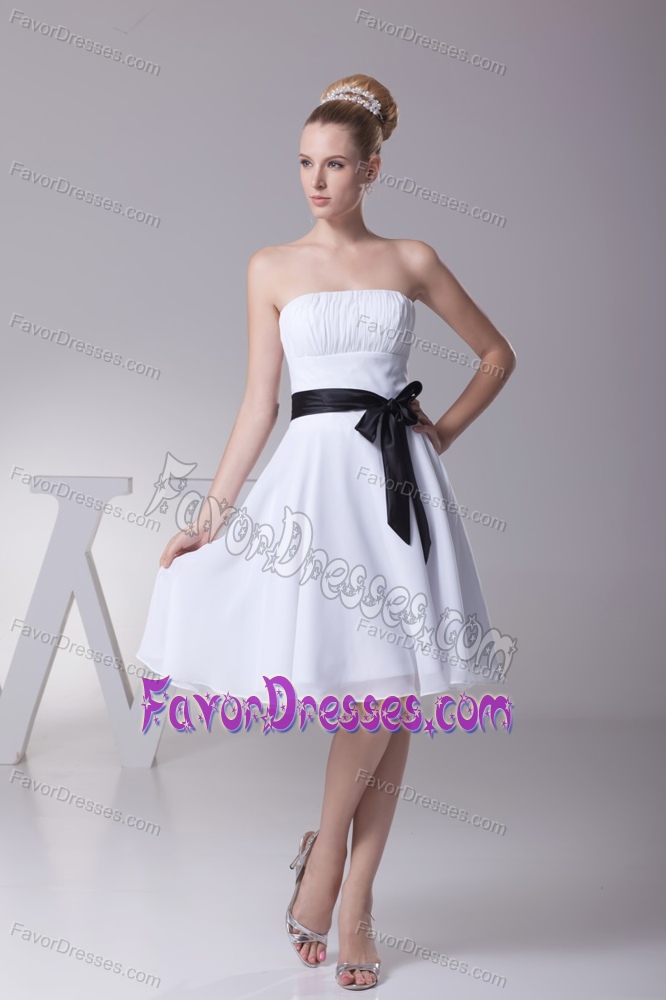 White Ruched Strapless Knee-length Dress for Brides with Black Bow Belt