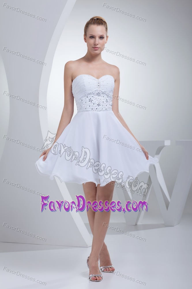 Mini-length Wedding Bridal Gown with Beads Waist and Ruche Sweetheart