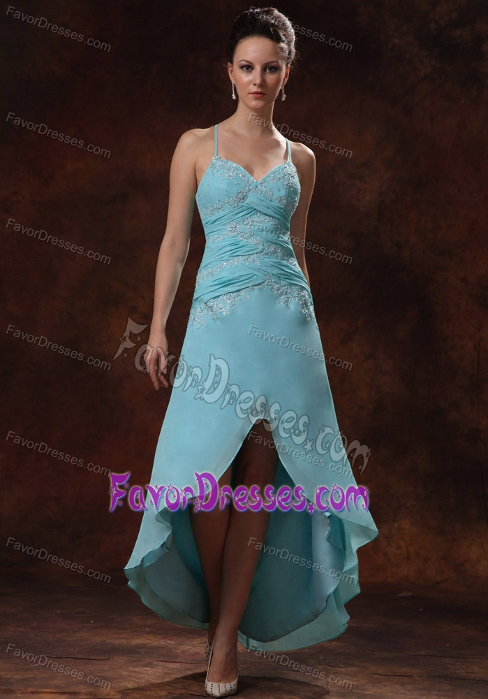 New Spaghetti Straps High-low Ruched Chiffon Aqua Prom Dress with Appliques