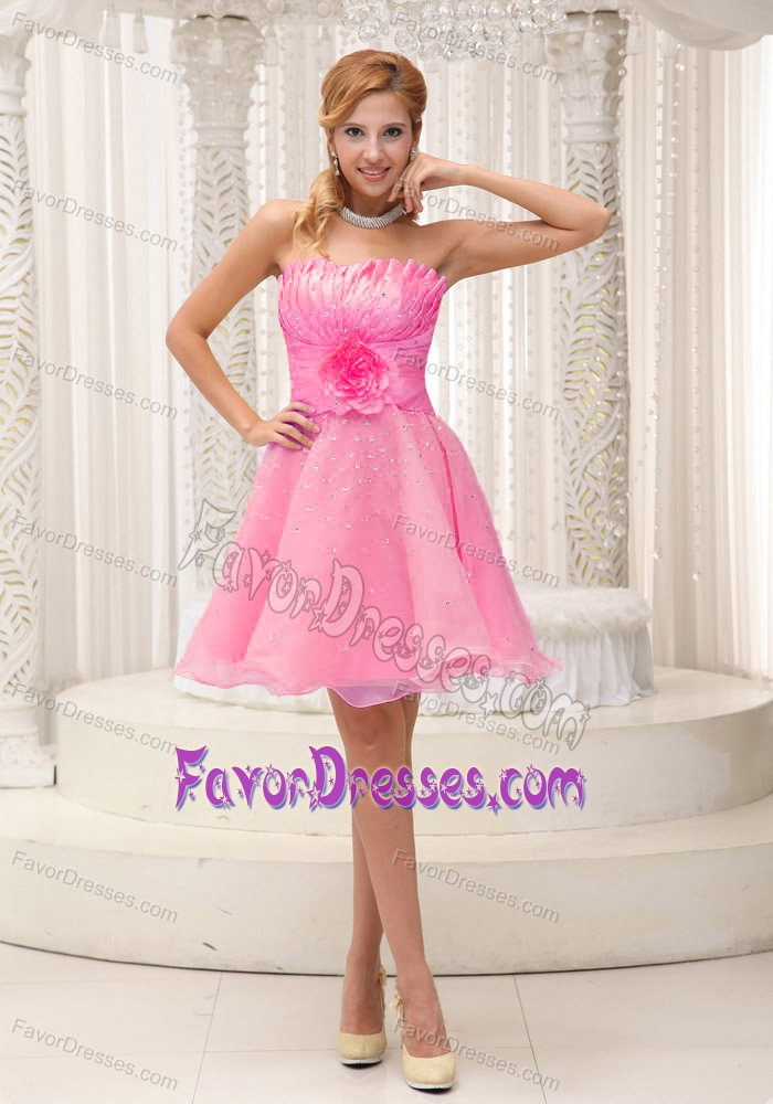 Shell Neckline Mini-length Pink Organza Prom Dress with Beading and Flower