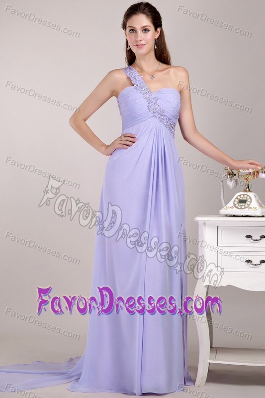 Lilac One Shoulder Ruched Chiffon Prom Holiday Dress with Beading
