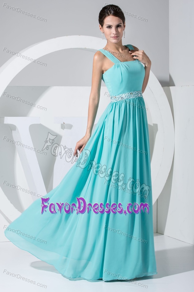 Aqua Blue Square Straps Long Chiffon Prom Evening Dress with Beading