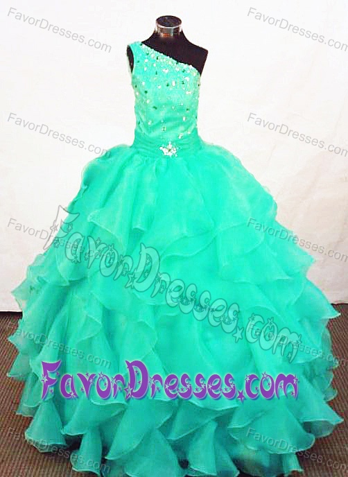 Turquoise One Shoulder Organza Beaded Little Girls Pageant Dress with Ruffles