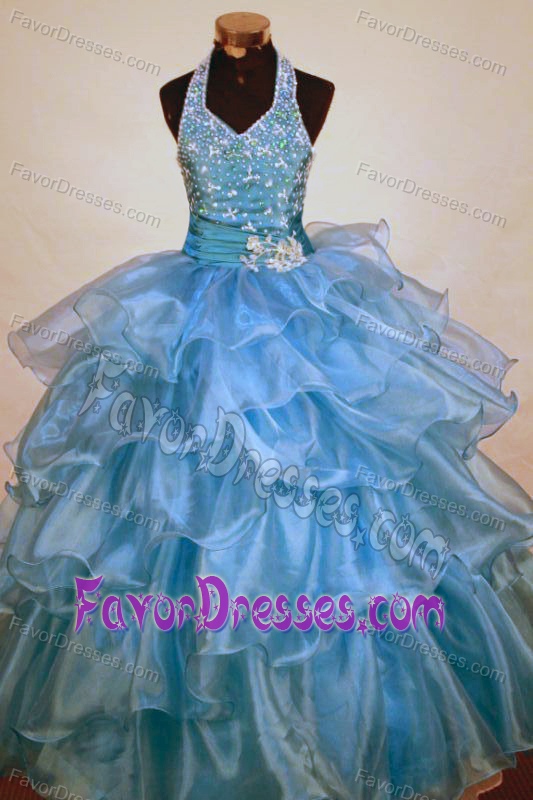Sky Blue Halter Organza Little Girls Pageant Dresses with Appliques and Ruffles