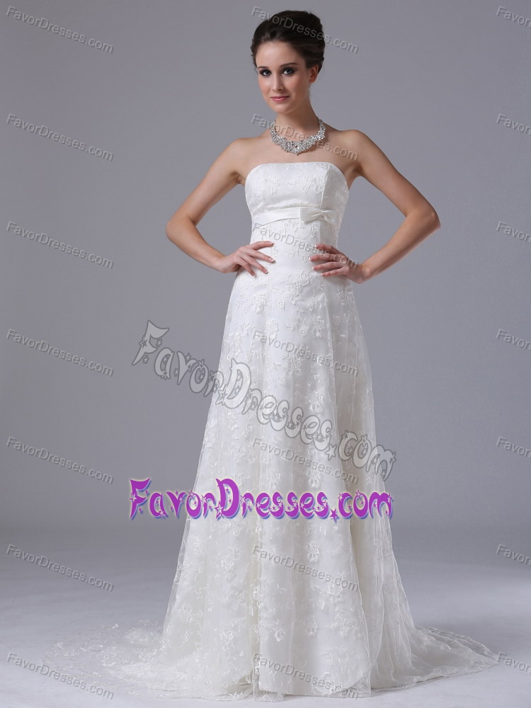 Wholesale Price Bow Column Strapless Lace Wedding Reception Dresses