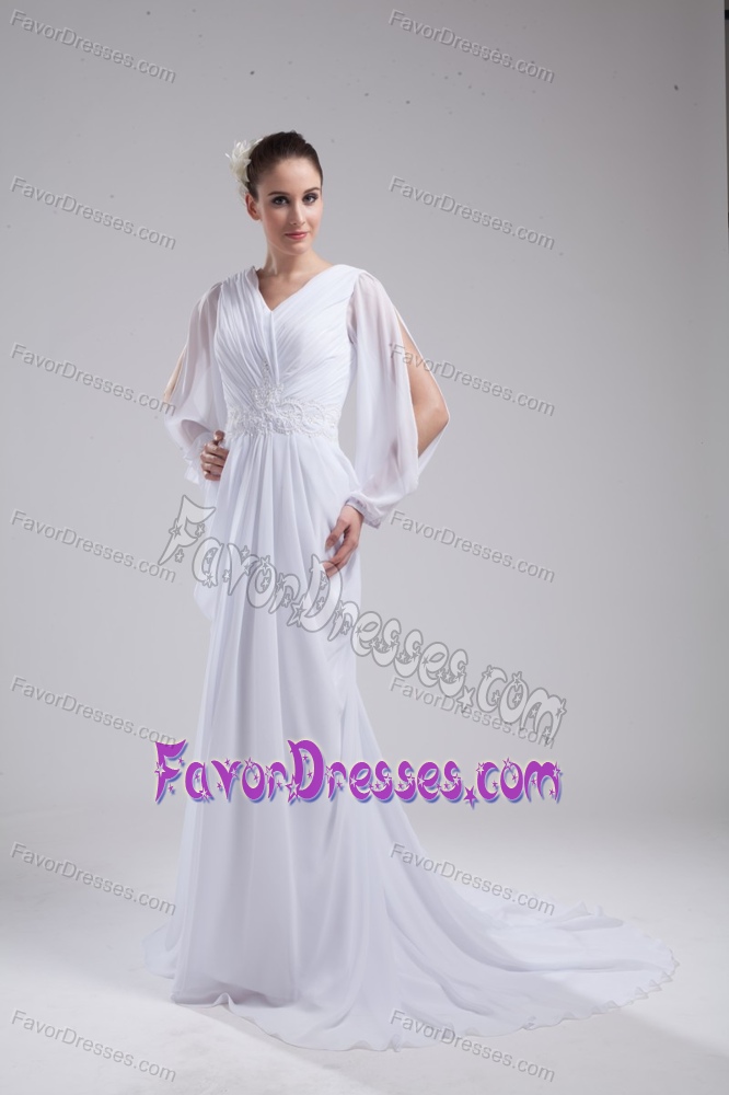Beautiful Empire V-neck Short Sleeves Ruched Chiffon Bridal Dresses for Cheap