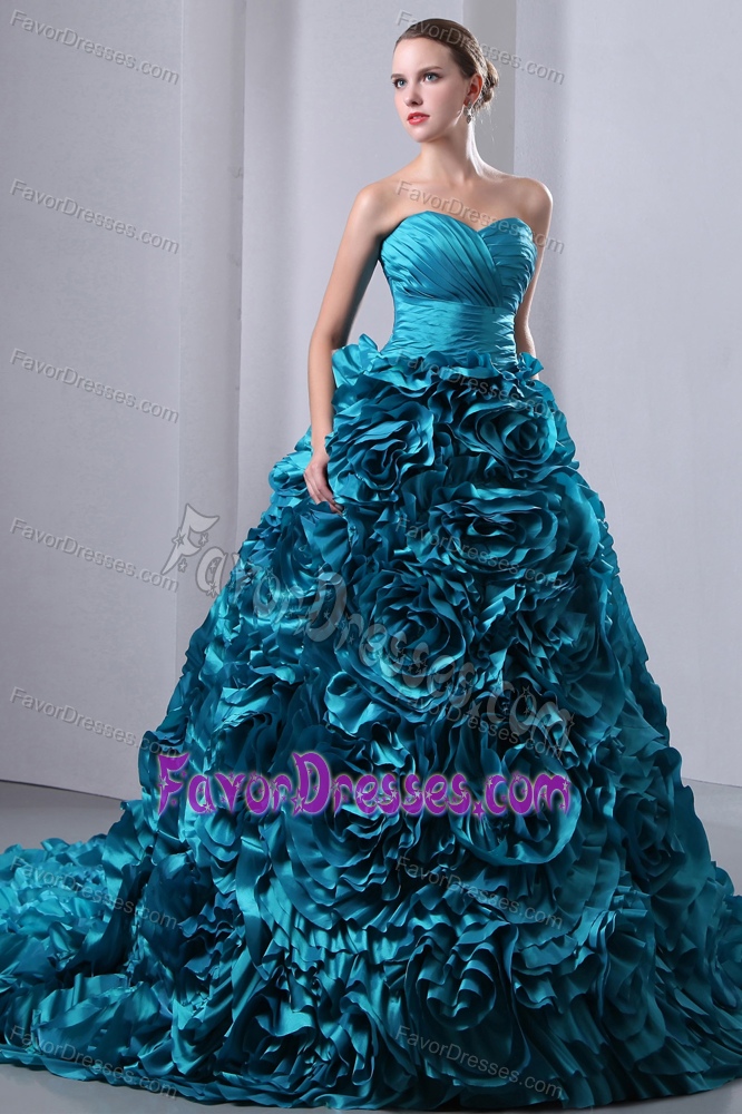 Teal Turn Heads Sweetheart Dresses for Quinceaneras with Flowers