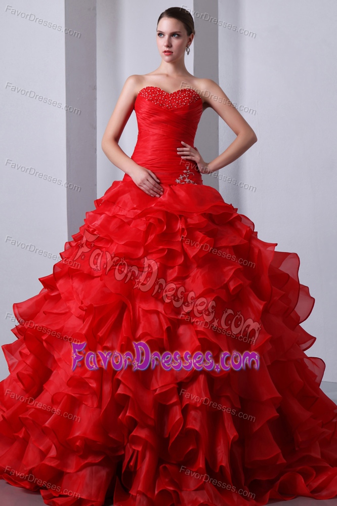 Luxury Red Sweetheart Organza Dress for Quinceanera