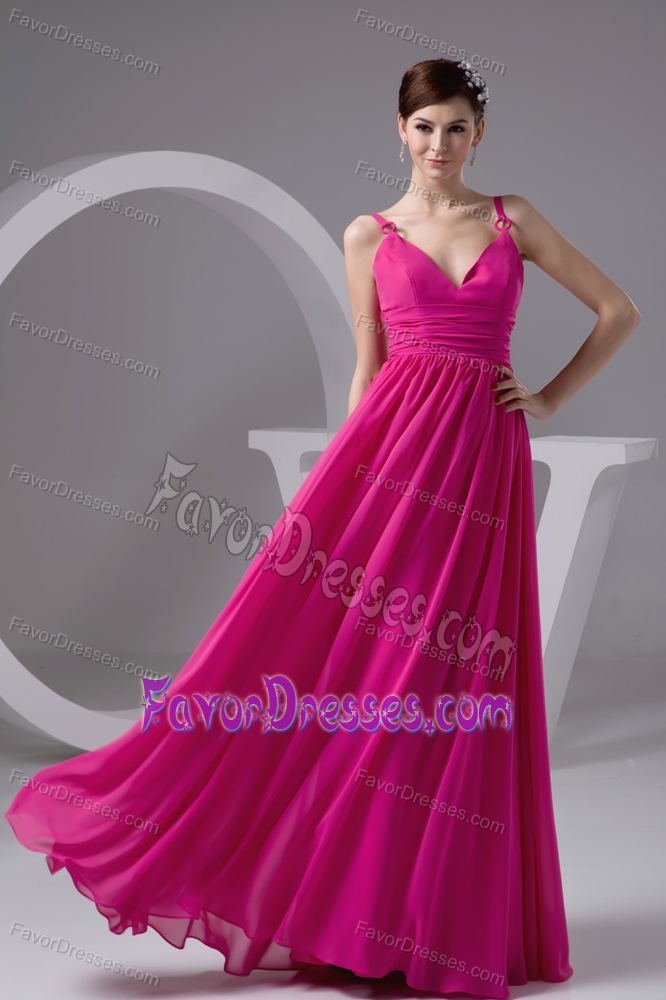 2013 Hot Pink V-neck Chiffon Prom Maxi Dress with Ruching Best Seller