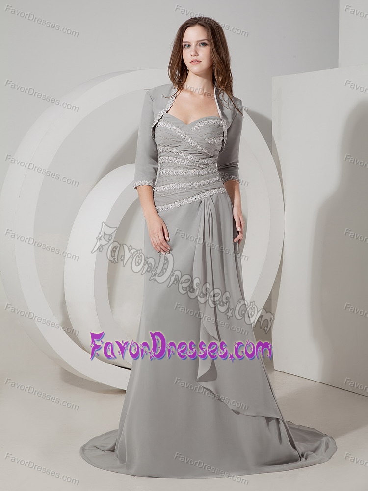 Sweetheart Gray Mother Dress for Wedding with Ruches and Appliques in Chiffon