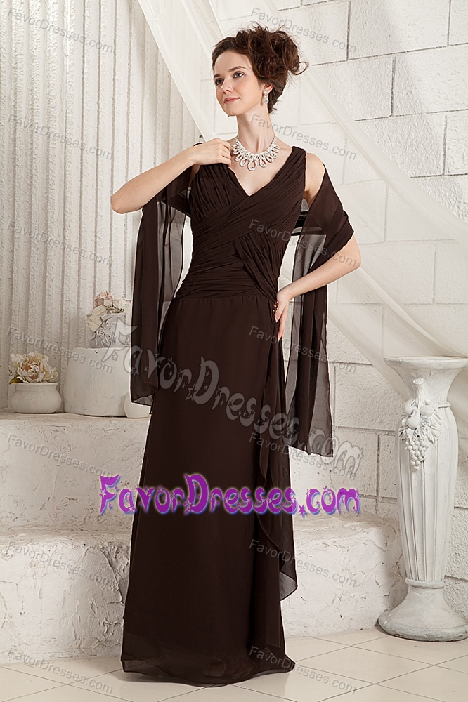 V-neck Long Chiffon The Bride Mother Dress in Brown with Ruches 2013
