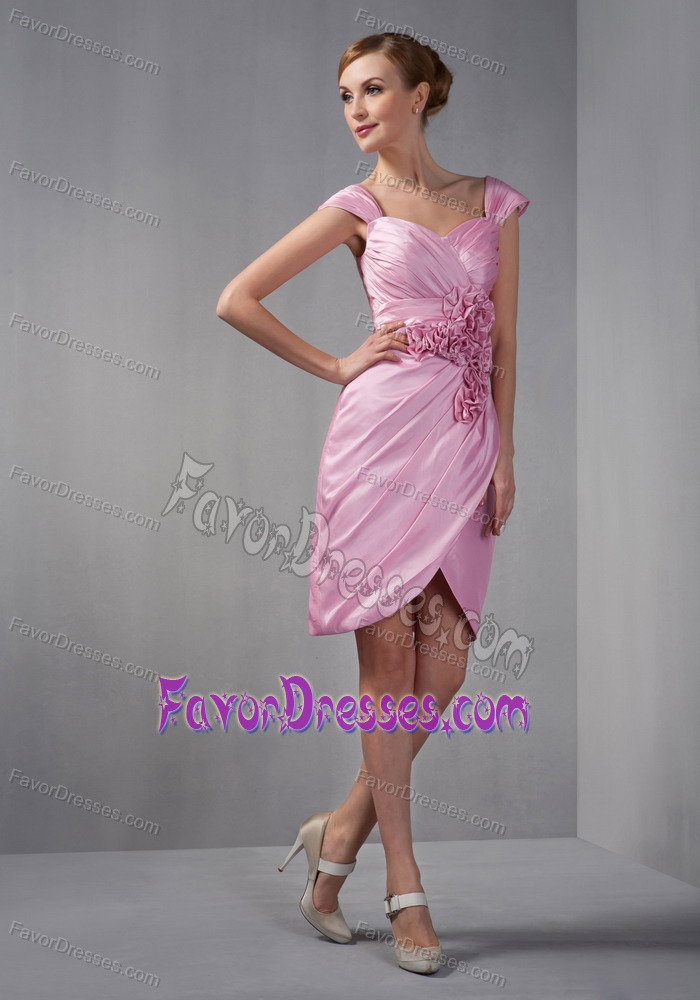 Rose Pink Column Cap Sleeves Cheap Taffeta Prom Attires with Flowers
