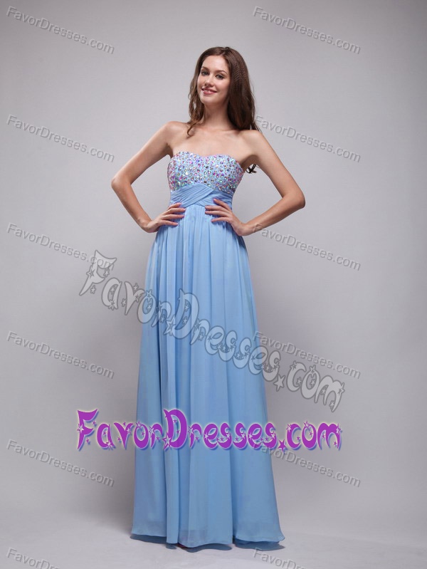 Discount Baby Blue Empire Strapless Prom Outfits in Chiffon with Beading