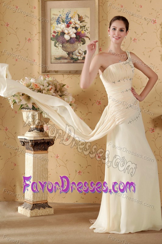 Champagne Column One Shoulder Junior Prom Dress with Watteau Train