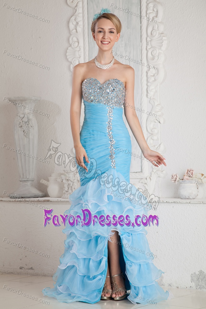 Sky Blue Mermaid Split Semi-formal Prom Dress with Ruffles and Beading