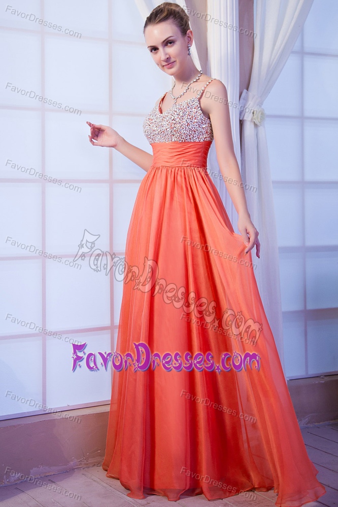 Orange Red Empire Straps Informal Prom Dress in Chiffon with Beading