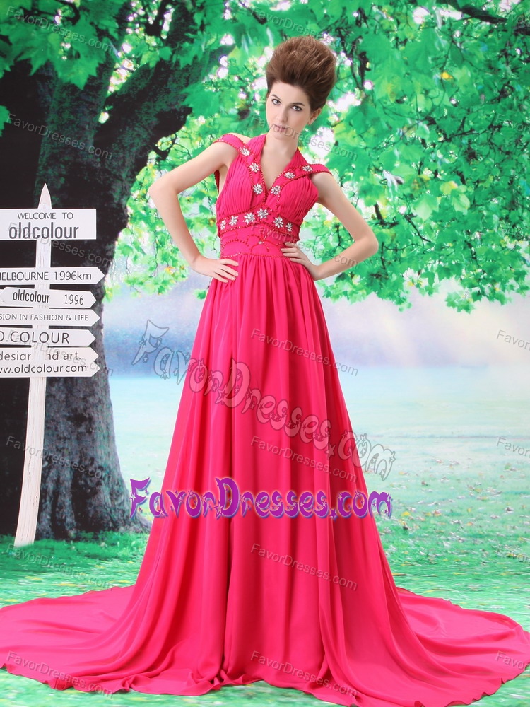 Hot Pink Halter and Prom Dresses for Long Girls with Beading in Chiffon