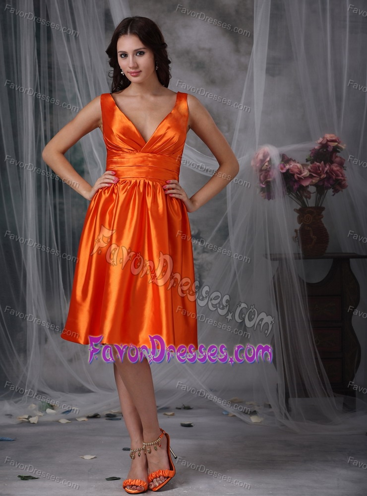 V-neck Straps Knee-length Ruched Orange Red Taffeta Bridesmaid Dress on Sale