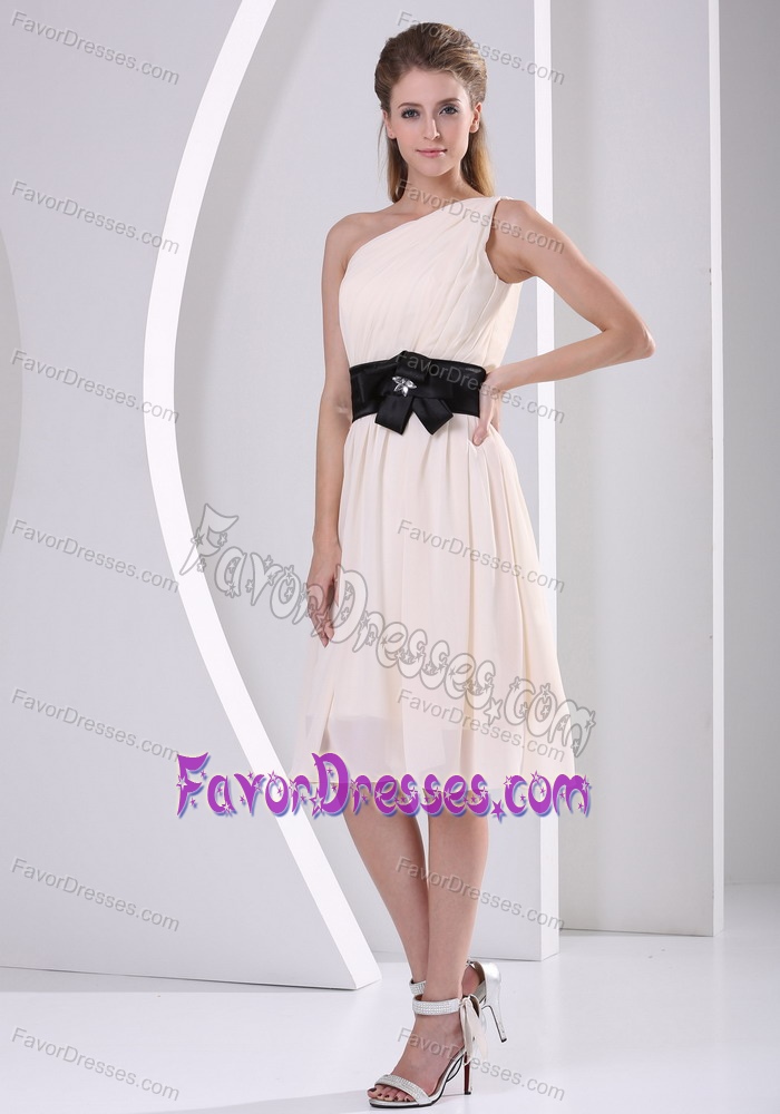 Champagne One Shoulder Ruched Bridesmaid Dress with Black Sash and Flower