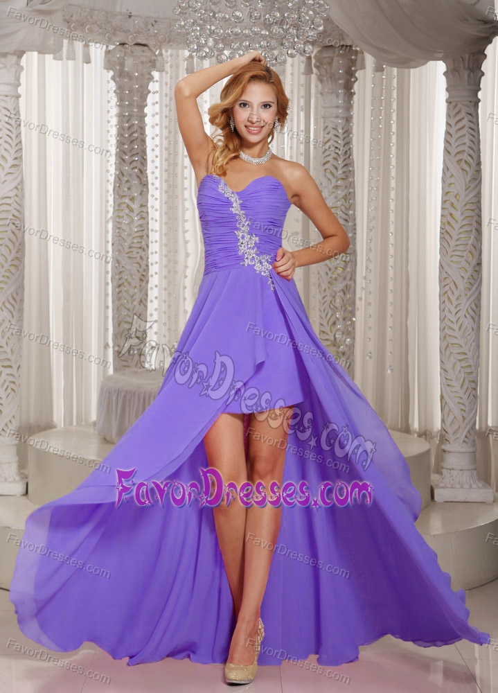 Exquisite High-low Ruched Purple Celebrity Nightclub Dress with Appliques