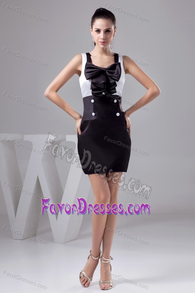 Square Straps Mini-length White Black Night Club Dress with Buttons and Bow