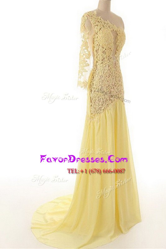 Admirable Light Yellow Column/Sheath One Shoulder 3 4 Length Sleeve Chiffon and Lace Sweep Train Side Zipper Lace Prom Gown