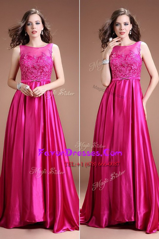  Beading and Appliques Homecoming Dress Hot Pink Zipper Sleeveless Floor Length