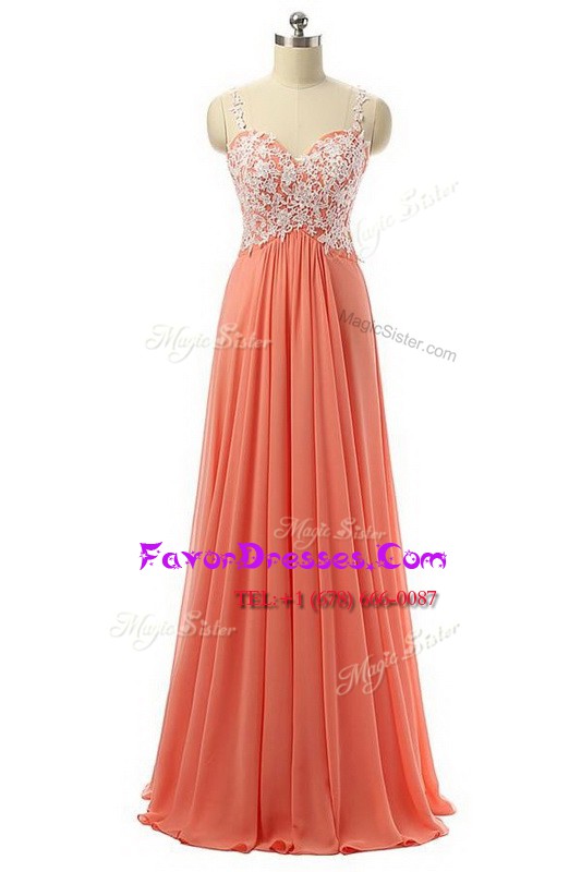 Eye-catching Watermelon Red Empire Organza Spaghetti Straps Sleeveless Beading and Appliques Floor Length Zipper Prom Evening Gown