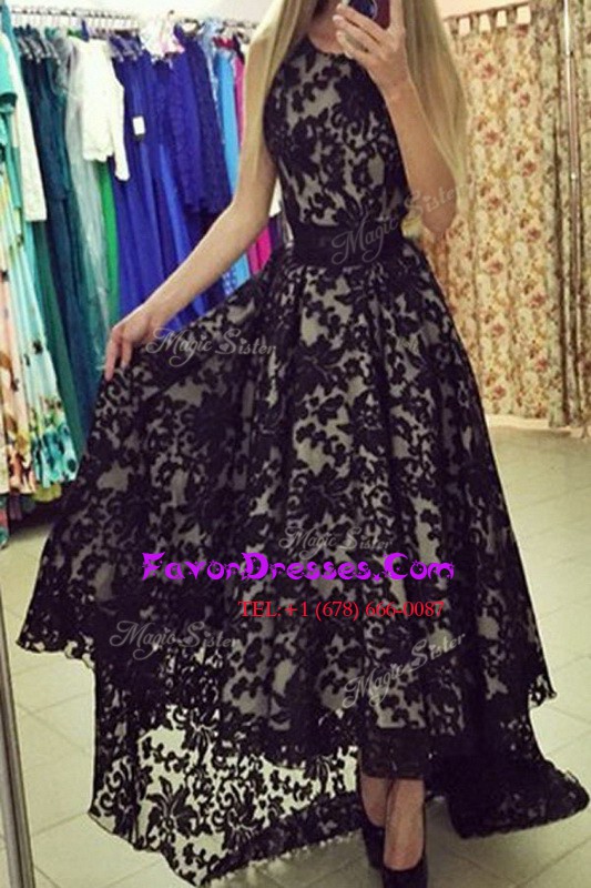 Gorgeous Scoop With Train Zipper Prom Dresses Black for Prom and Party with Lace Brush Train