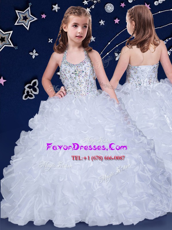  Halter Top Sleeveless Lace Up Floor Length Beading and Ruffles High School Pageant Dress