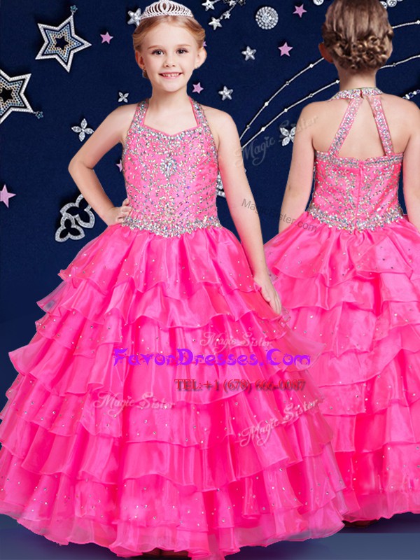  Halter Top Hot Pink Ball Gowns Beading and Ruffled Layers Pageant Dress for Womens Zipper Organza Sleeveless Floor Length