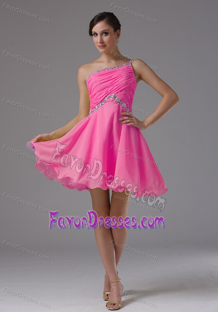 One Shoulder Hot Pink Birthday Party Dresses with Ruched and Beading