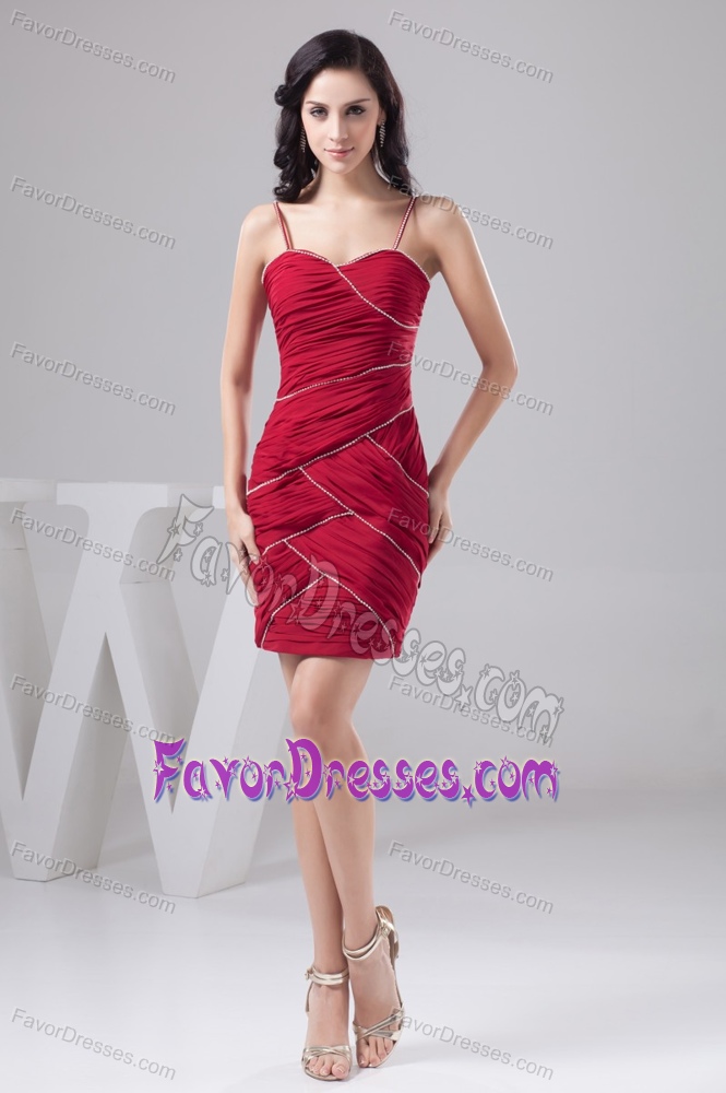 New Dark Red Ruched and Beaded Mini-length Party Dress with Spaghetti Straps