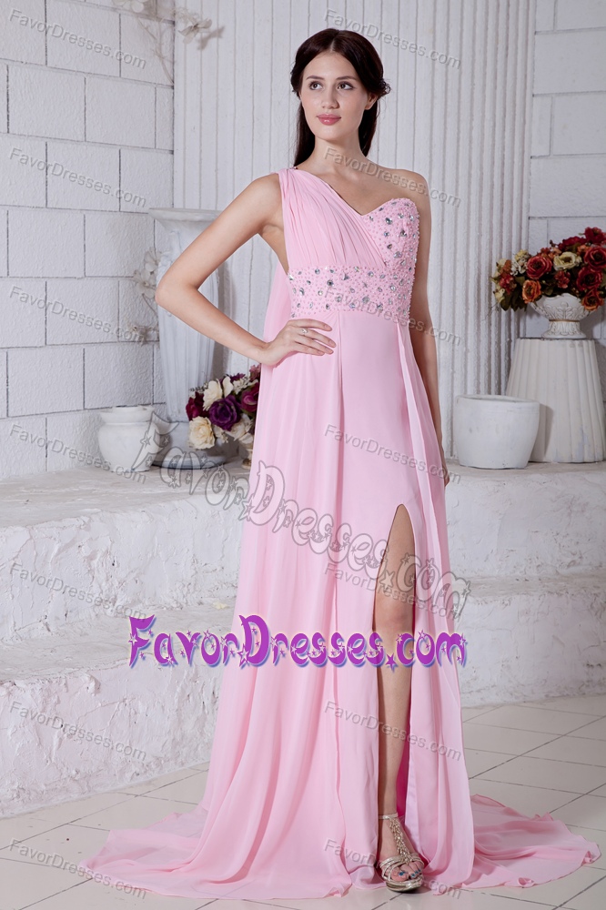 Discount Pink One Shoulder High Slit Prom Gown Dress with Watteau Train