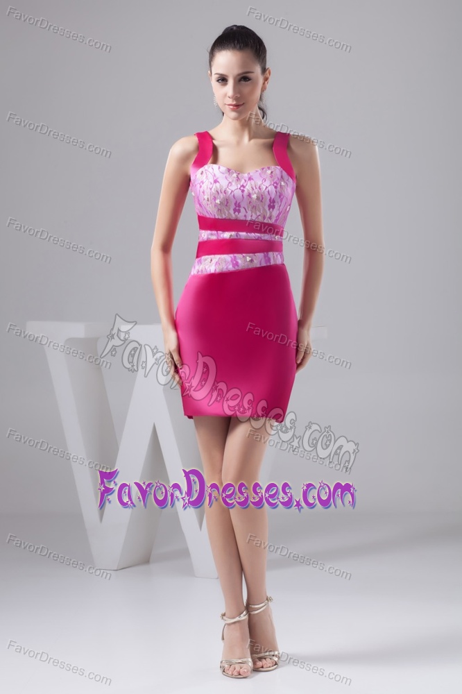 Low Price Hot Pink Short Beaded Prom Gown Dress with Lace and Straps
