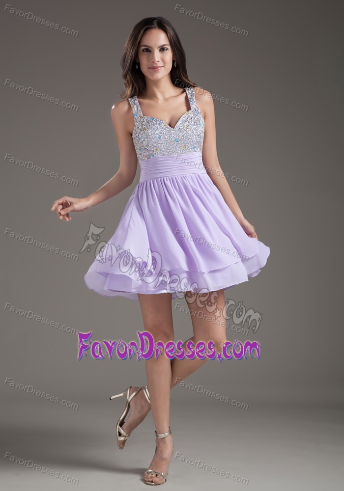 Straps Mini-length Real Sample Chiffon Prom Gown Dress with Beads in Lavender