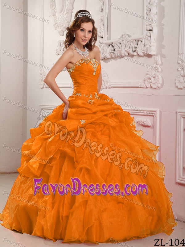 Orange Organza Quinceaneras Gowns with Beading And Ruffles on Sale