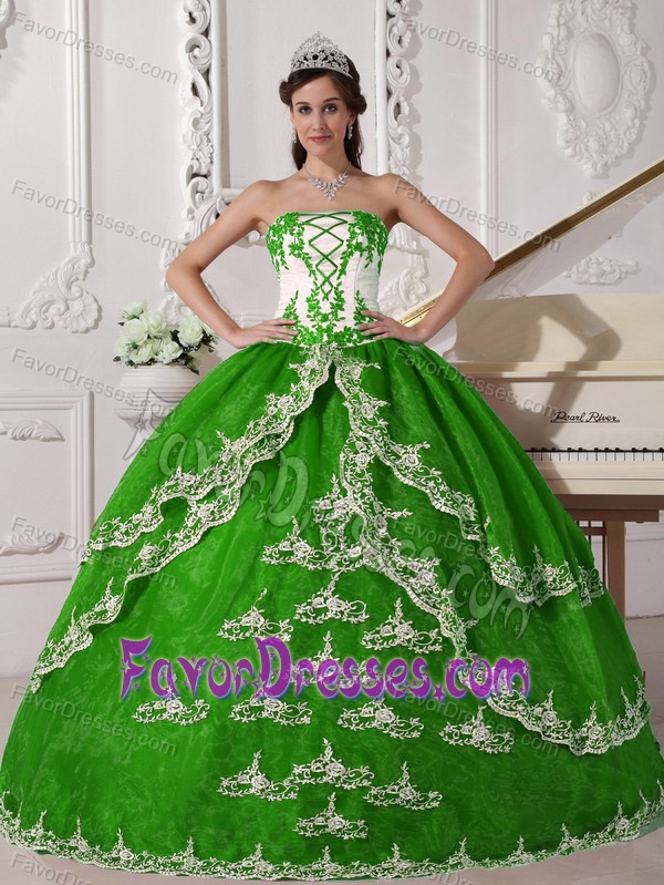 Spring Green and White Strapless Dress for Quince with Appliques on Sale