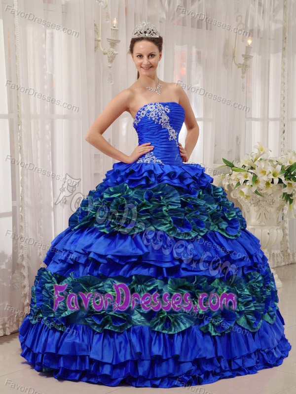 Best Blue Strapless Taffeta Quinceanera Gown with Appliques and Ruche