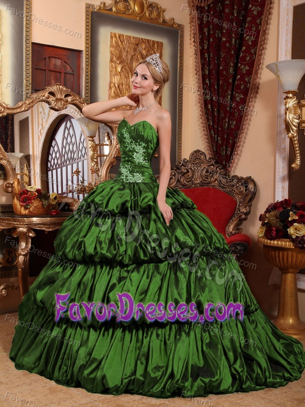 Dark Green Sweetheart Quinceanera Gown Dresses with Appliques and Pick-ups