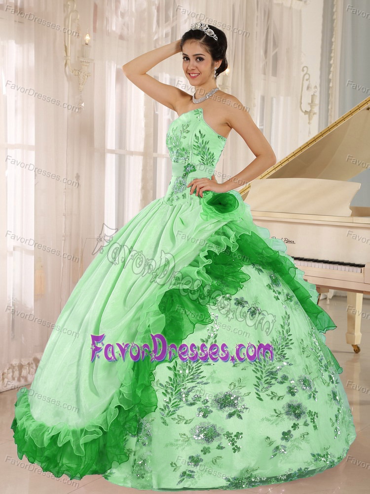 New Ruffled Plus Size Quince Dress with Embroidery and Sequins in Apple Green
