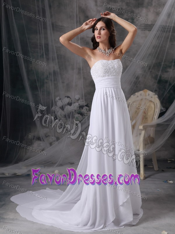 Nice Strapless Chiffon Garden Wedding Dress with Appliques and Ruche