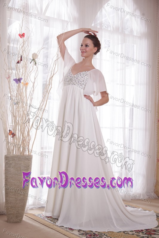 Princess V-neck Chiffon Dresses for Wedding with Beading and Court Train