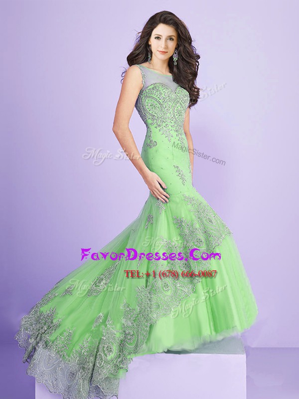 Stunning Mermaid Scoop Appliques and Ruching Evening Dress Yellow Green Clasp Handle Sleeveless With Brush Train