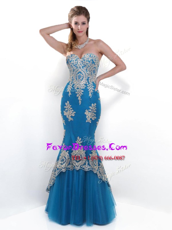  Mermaid Floor Length Teal Prom Gown Tulle Sleeveless Beading and Appliques