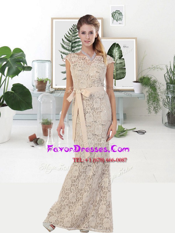 Exquisite Champagne Zipper Halter Top Lace and Belt Prom Party Dress Lace Sleeveless Sweep Train