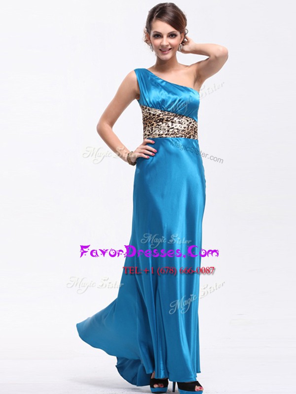  One Shoulder Baby Blue Sleeveless Floor Length Ruching Side Zipper Prom Party Dress
