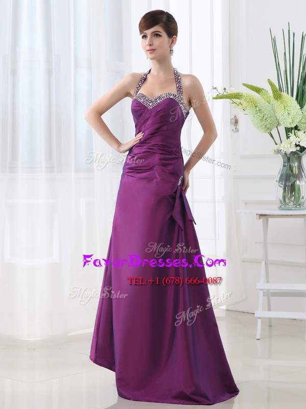 Adorable Halter Top Sleeveless Satin Floor Length Lace Up Prom Gown in Purple with Beading and Ruching