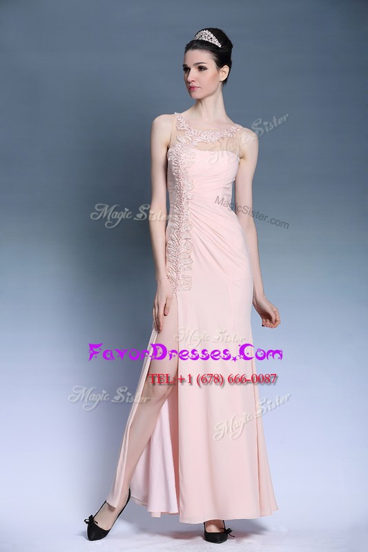 Sweet Appliques Prom Evening Gown Baby Pink Side Zipper Sleeveless Ankle Length